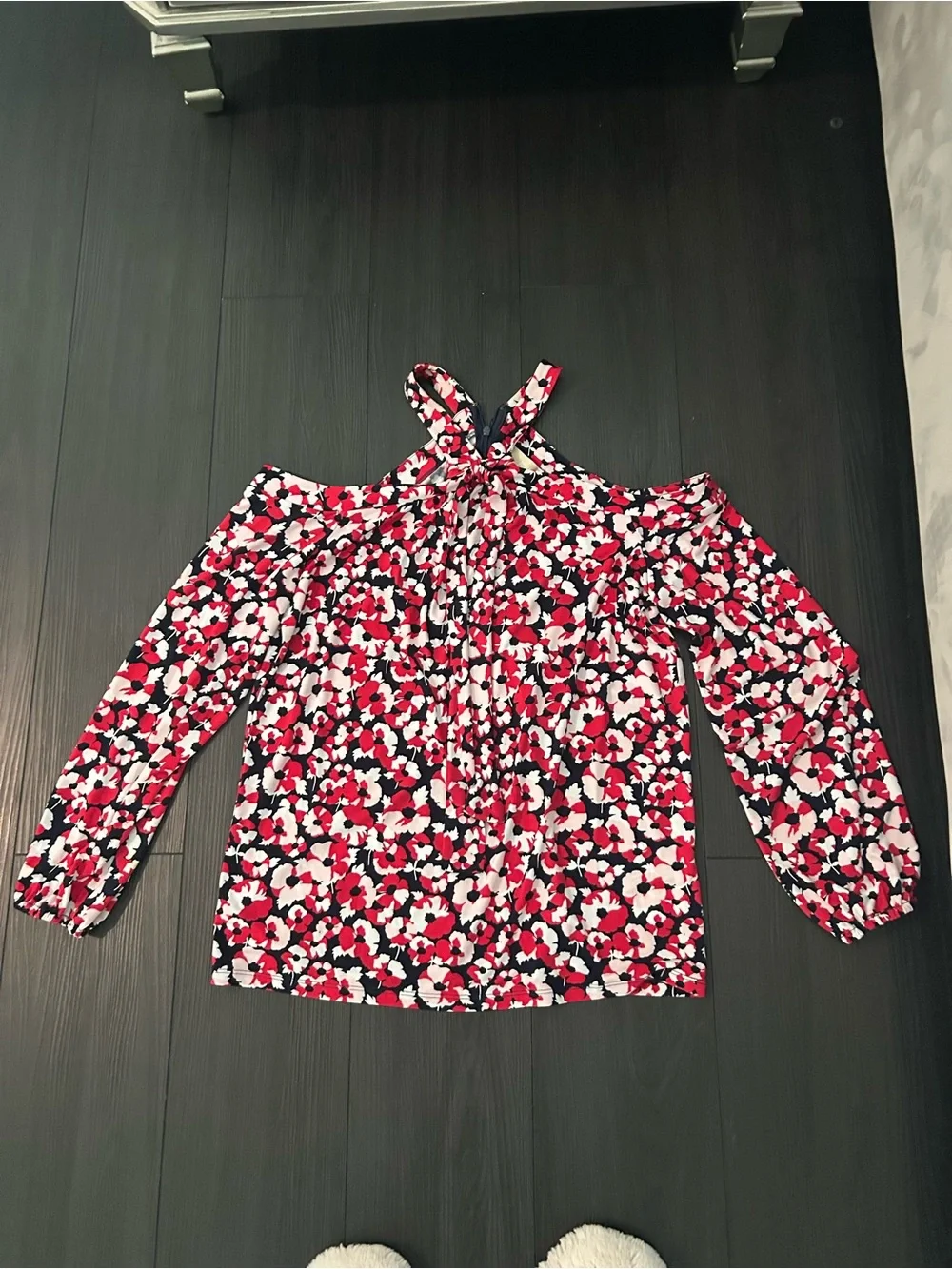 Michael Kors Red, White & Black Cold-Shoulder Floral Blouse